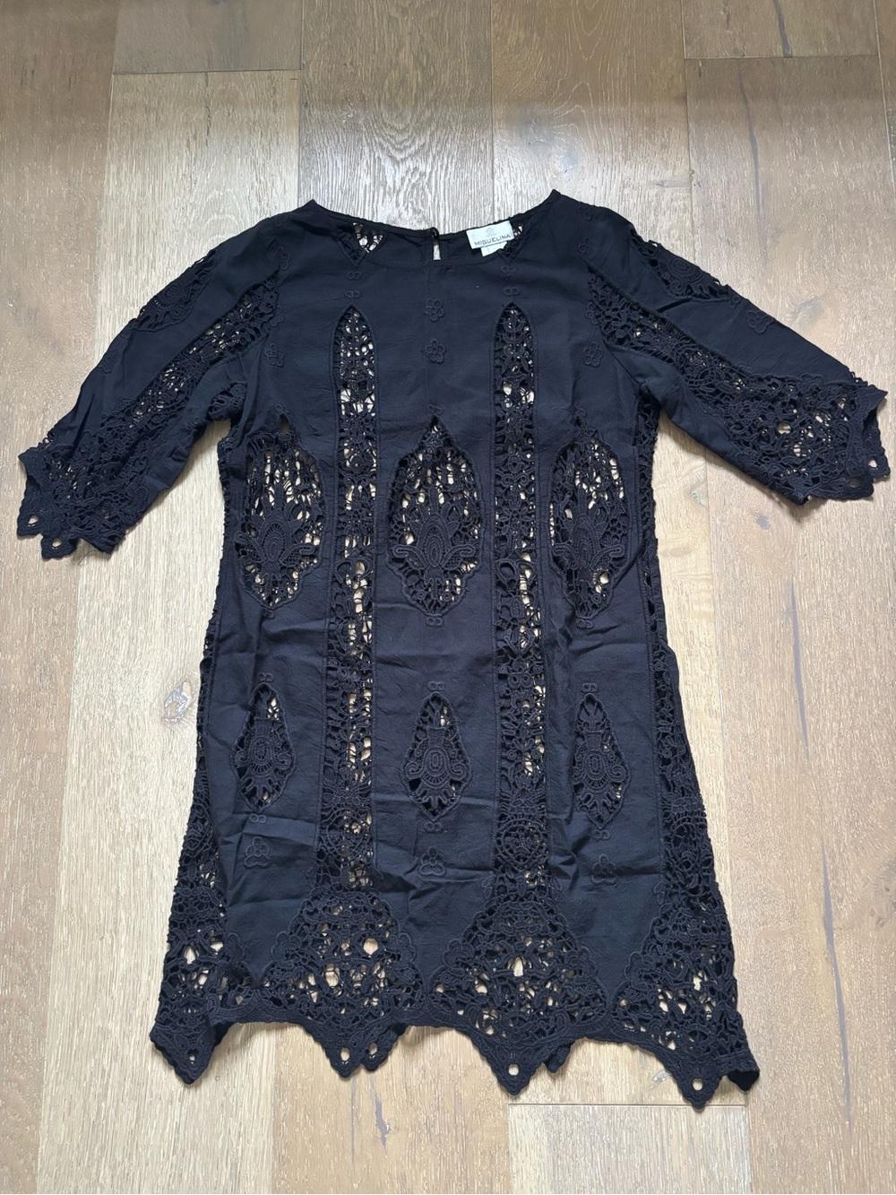 Miguelina black cotton Lace Crochet Shift Dress xs
